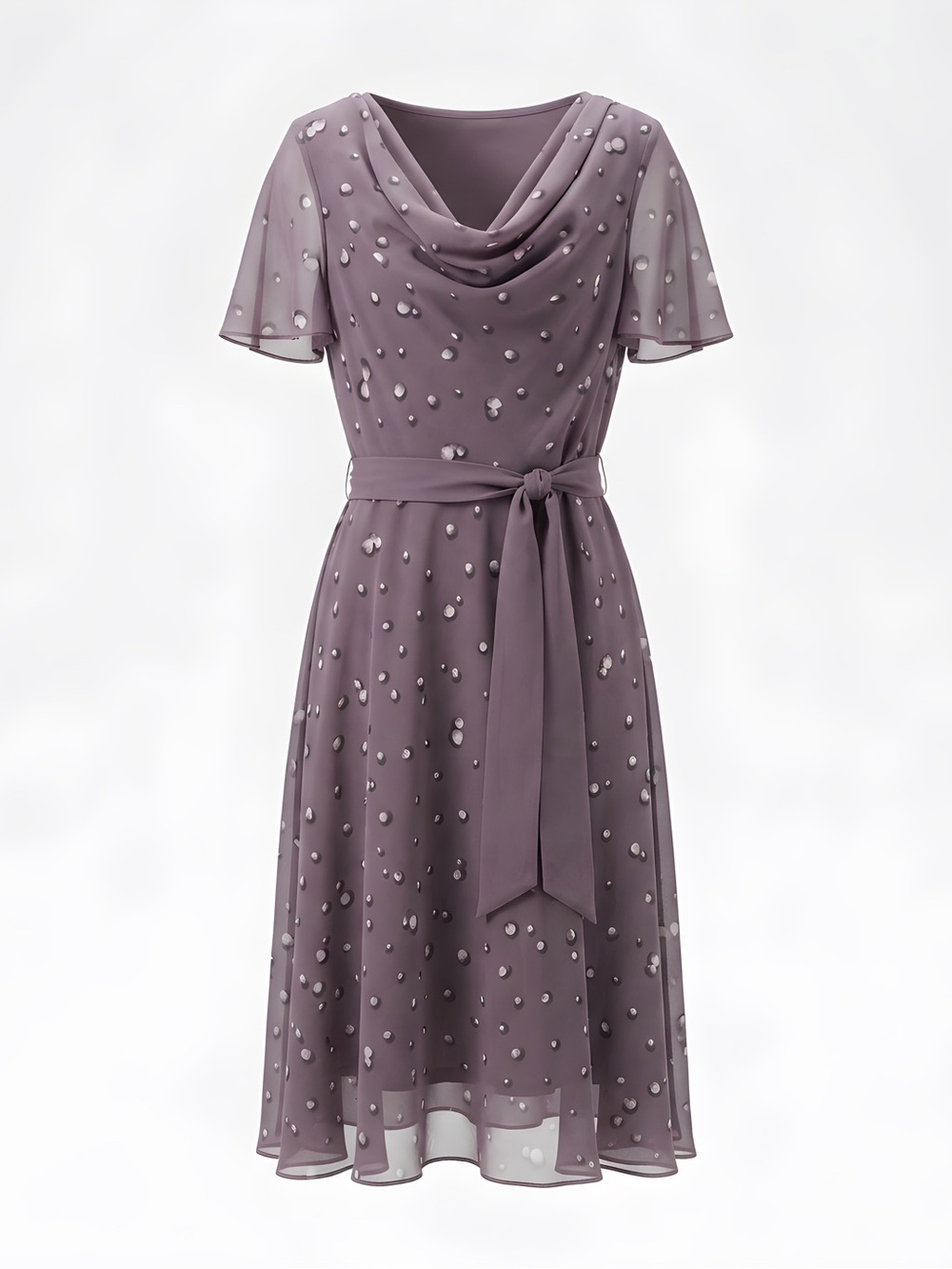 Jacques Vert Elegant Mauve Cowl-Neck Midi Dress with Tie Waist
